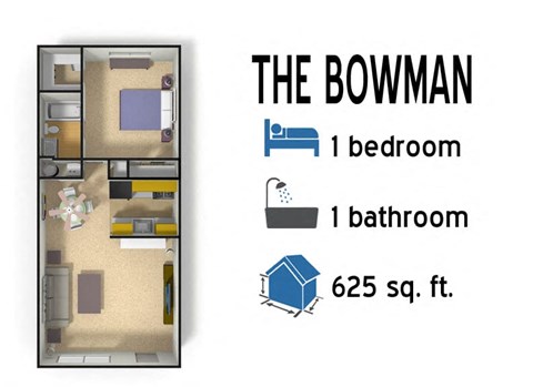 Floor plan for 1 bed, 1 bath, 625 sqft